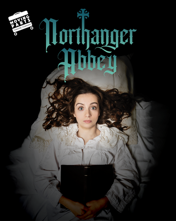 A person in a white nightgown lies on a bed holding a closed book, beneath stylized text reading “Northanger Abbey” on a dark, dramatic background.