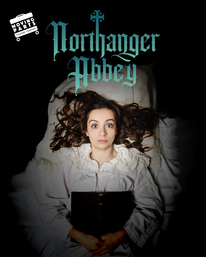 A person in a white nightgown lies on a bed holding a closed book, beneath stylized text reading “Northanger Abbey” on a dark, dramatic background.