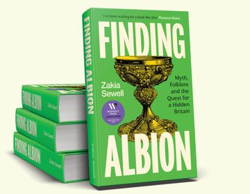 Pile of 3 books with one facing front. It is bright green with golden chalice on front and text 'FINDING ALBION'
