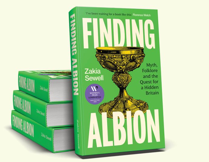 Pile of 3 books with one facing front. It is bright green with golden chalice on front and text 'FINDING ALBION'