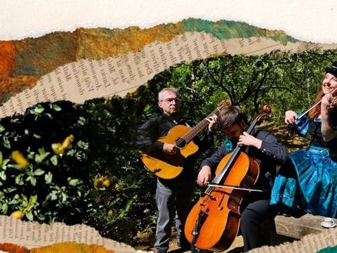 Musicians outdoors, playing guitar, cello, and violin. Torn paper collage effect with vibrant colors and text fragments.