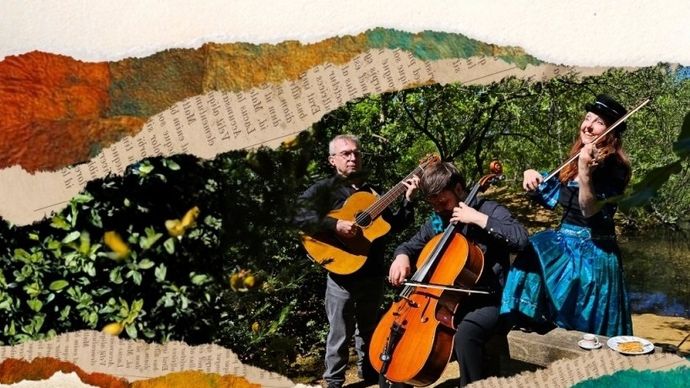 Musicians outdoors, playing guitar, cello, and violin. Torn paper collage effect with vibrant colors and text fragments.