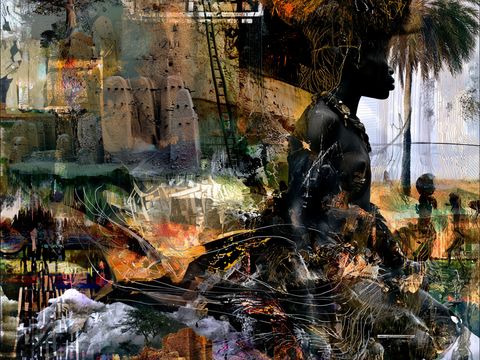 A silhouetted person with a decorated headdress is layered over a collage of trees, historic structures and abstract patterns.