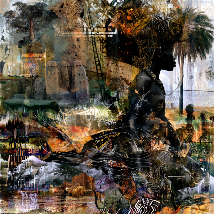 A silhouetted person with a decorated headdress is layered over a collage of trees, historic structures and abstract patterns.