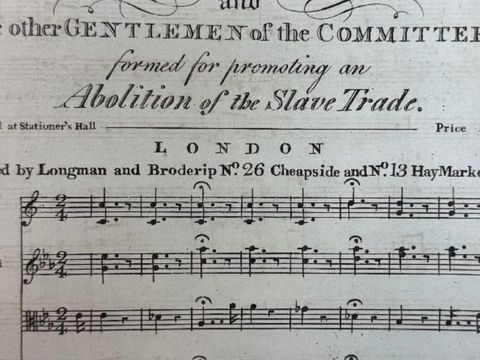 Sheet music titled "Abolition of the Slave Trade" with musical notes for various instruments and details about the publication in London.