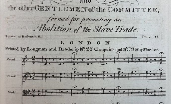 Sheet music titled "Abolition of the Slave Trade" with musical notes for various instruments and details about the publication in London.