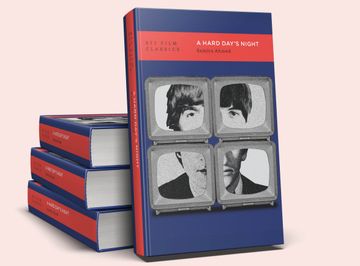 Pile of 3 books with one facing front. Blue book with red spine and red heading. Picture of 4 televisions with part of 4 faces in each television. called 'A HARD DAY'S NIGHT'