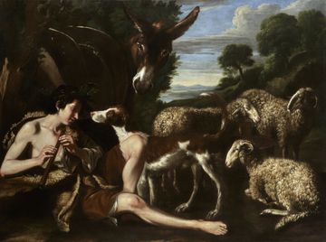 A painting of a someone playing the flute and attracting animals