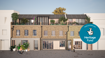 Modern brick building with rooftop garden and solar panels, people walking, and a "Heritage Fund" logo on the right side.