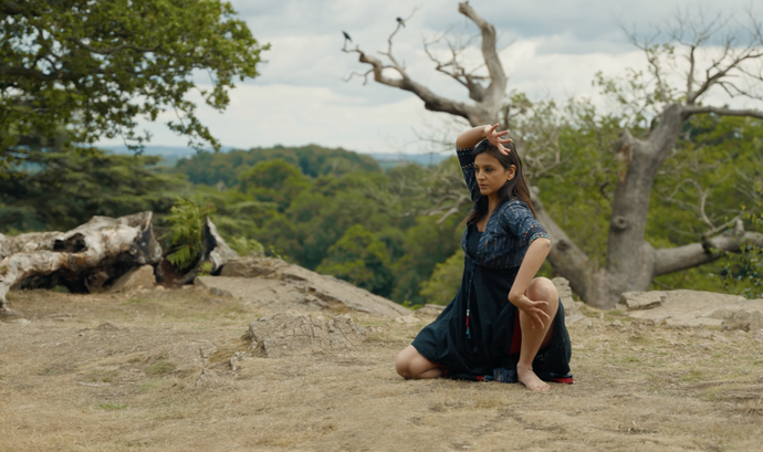 A woman in a dark dress strikes a dynamic pose on dry grass, surrounded by trees and cloudy sky, with birds perched on bare branches nearby.