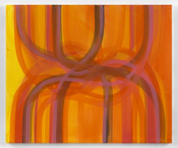 abstract painting featuring overlapping curved lines in shades of pink and purple against a vibrant orange and yellow background.