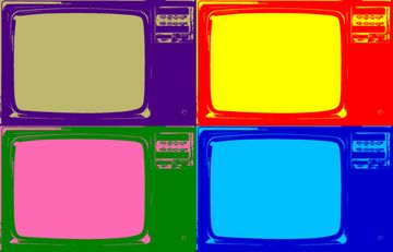Pop art style image of four retro televisions in different colours: purple, yellow, pink, and blue, arranged in a 2x2 grid.