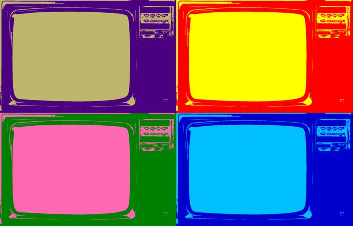 Pop art style image of four retro televisions in different colours: purple, yellow, pink, and blue, arranged in a 2x2 grid.