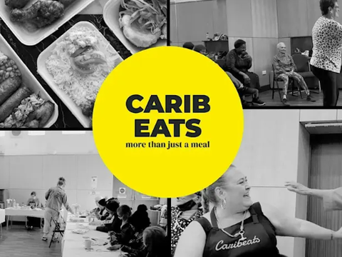 Food trays with Caribbean dishes and people sitting at tables or dancing inside a community hall, with a central yellow circle reading 'CARIB EATS more than just a meal'.