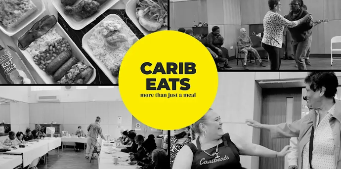 Food trays with Caribbean dishes and people sitting at tables or dancing inside a community hall, with a central yellow circle reading 'CARIB EATS more than just a meal'.