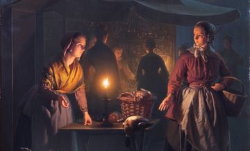 A painting of two individuals looking at each other. A lit candle and a loaf of bread in a basket sits on a table that seperates both individuals