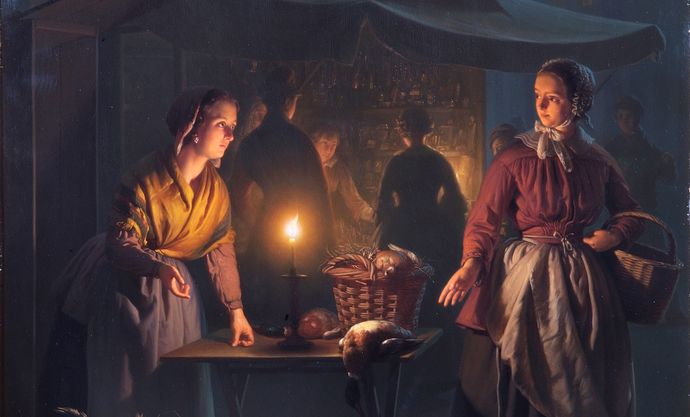 A painting of two individuals looking at each other. A lit candle and a loaf of bread in a basket sits on a table that seperates both individuals