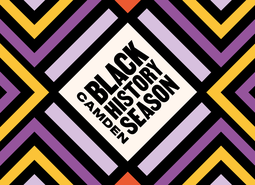 Geometric pattern with "Camden Black History Season" text at the center, featuring purple, orange, yellow, and black diamond shapes.