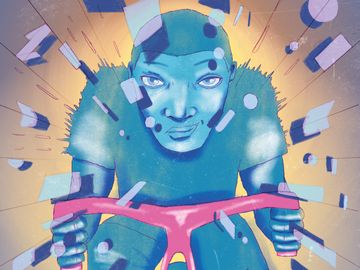A blue-toned person intently biking, surrounded by abstract shapes, giving a dynamic, focused, and surreal impression.