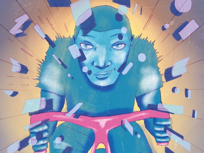 A blue-toned person intently biking, surrounded by abstract shapes, giving a dynamic, focused, and surreal impression.