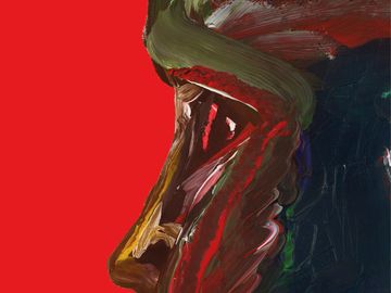 An abstract, expressive painting of a side profile with bold red, green, yellow, and dark brushstrokes set against a solid red background.