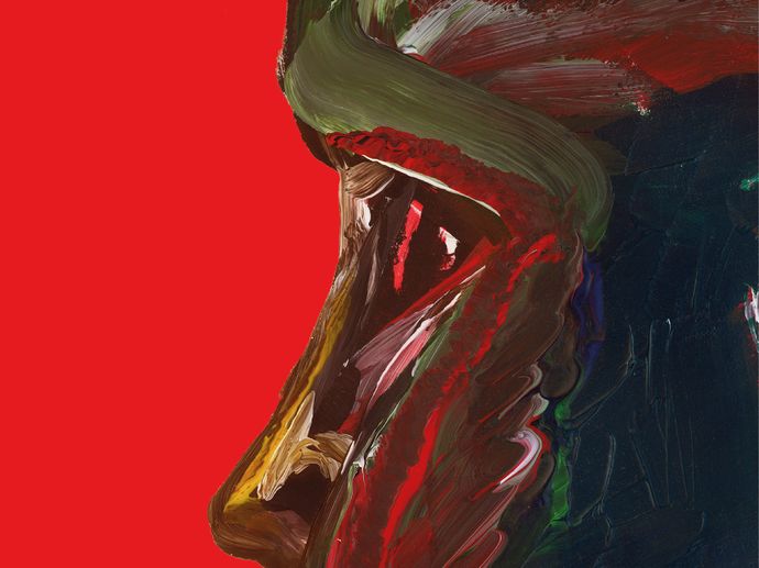 An abstract, expressive painting of a side profile with bold red, green, yellow, and dark brushstrokes set against a solid red background.