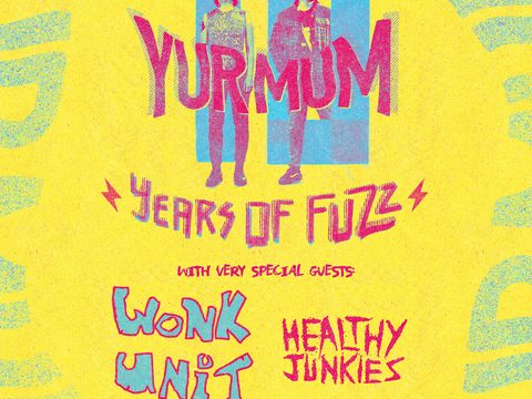 Bright colourful concert poster celebrating 14 years of Fuzz, featuring bands and event details