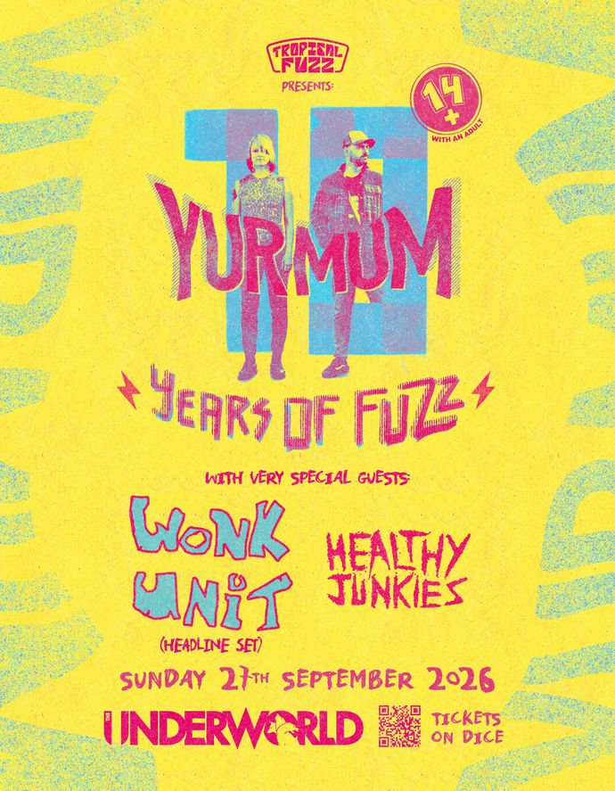 Bright colourful concert poster celebrating 14 years of Fuzz, featuring bands and event details