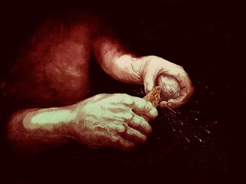 painting of two hands holding two rocks sparking together against black background
