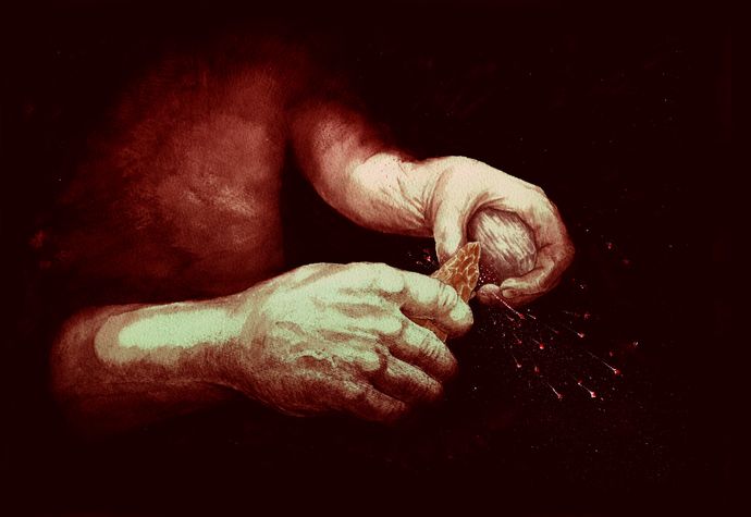 painting of two hands holding two rocks sparking together against black background