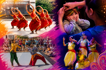 Collage showing traditional dancers performing colorful costumes stage performance crowd scene child vibrant cultural celebration