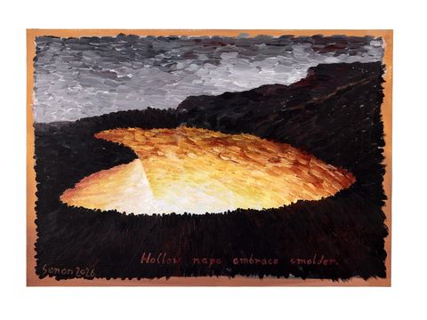 A fiery, glowing crater surrounded by a dark, textured landscape under a cloudy sky, with text at the bottom of the painting.