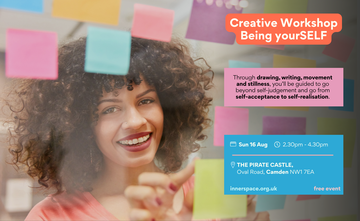 A smiling woman placing colorful sticky notes on glass, promoting "Creative Workshop Being yourSELF" with event details for August 16 at The Pirate Castle.
