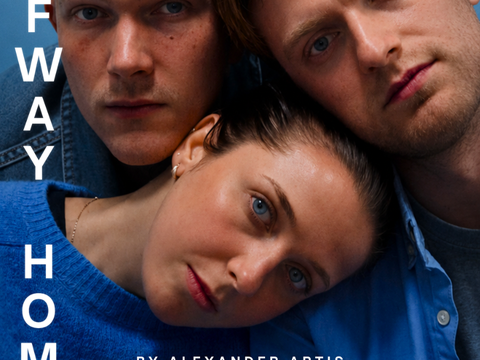 Three people posed closely together in a promotional theatre poster featuring bold blue tones.