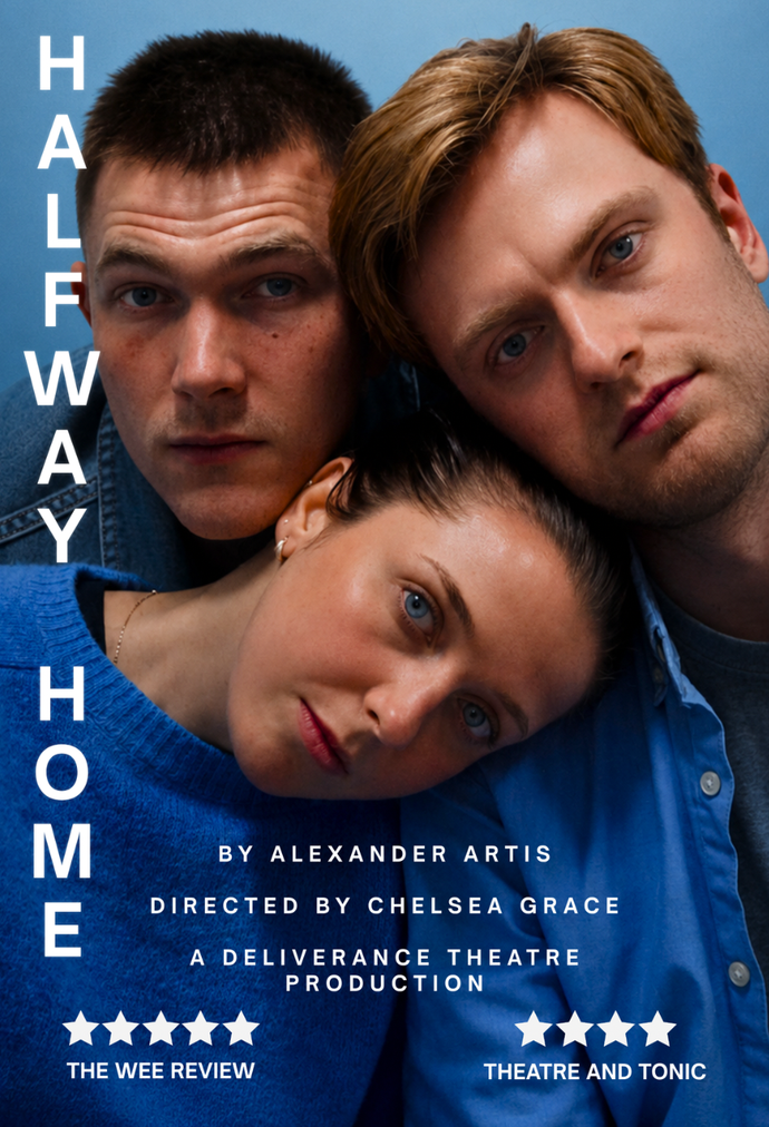 Three people posed closely together in a promotional theatre poster featuring bold blue tones.