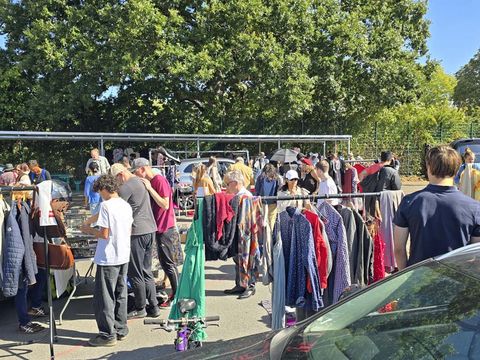Busy outdoor clothing market with shoppers browsing racks, cars parked, and trees surrounding area.