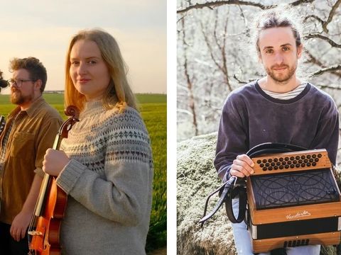 Two images: left shows three people with instruments in a field; right shows a person holding an accordion in a wooded area.