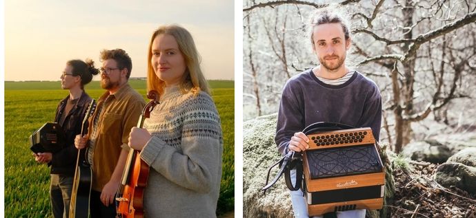 Two images: left shows three people with instruments in a field; right shows a person holding an accordion in a wooded area.