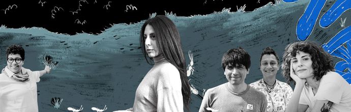 Five people stand in front of a blue illustrated background with plants, one pointing left and another resting their chin on their hand.