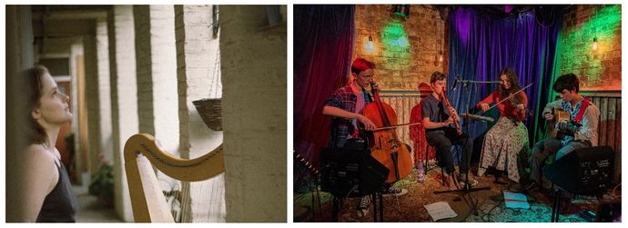 Woman with harp in sunlit corridor; musicians with cello, violin, and guitars performing on stage with colorful lighting.