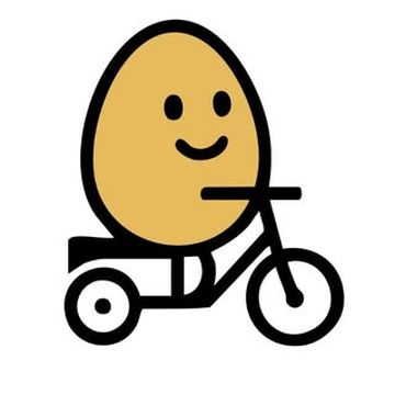 A smiling cartoon egg riding a tricycle with simple, bold lines on a white background.