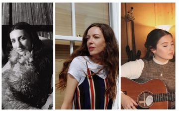 three photos side by side - person on far left in black and white photo wearing fluffy top, person with long hair looking in distance with window behind and person on right with tied back hair holding guitar