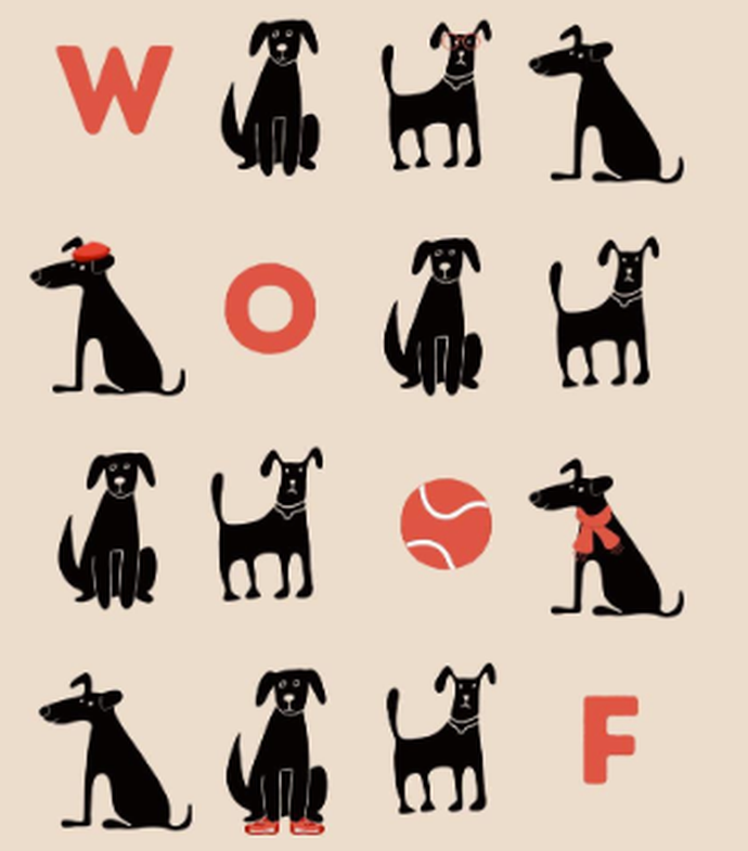 Cartoon graphic of lots of black dogs sitting in different positions