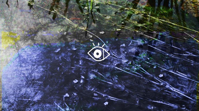 Abstract image of a reflective water surface with artistic brush strokes and a stylized eye symbol at the center.