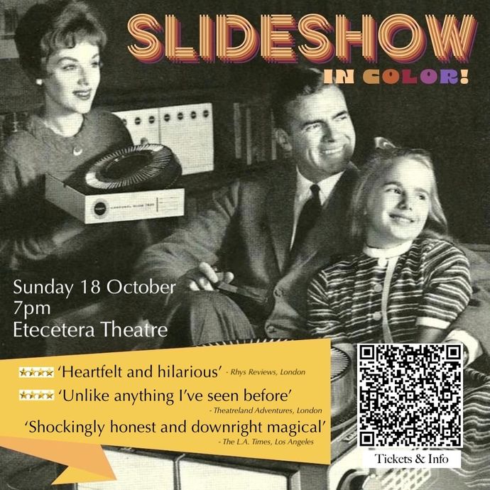 Two adults and a child sit together, one adult holding a box with a round slide tray, with colourful text reading 'SLIDESHOW IN COLOR!' above them.