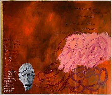 A mixed-media artwork blending digital and classical motifs. The background glows with a fiery gradient of red and orange, evoking warmth and intensity. On the right, swirling pink and purple brushstrokes suggest abstract roses, adding a sense of organic motion.