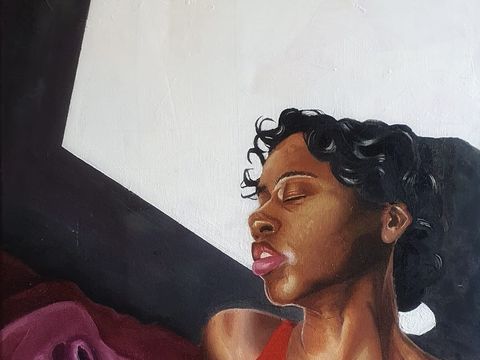 Painting of a person with curled hair and a red top, leaning back with their eyes closed in sunlight.
