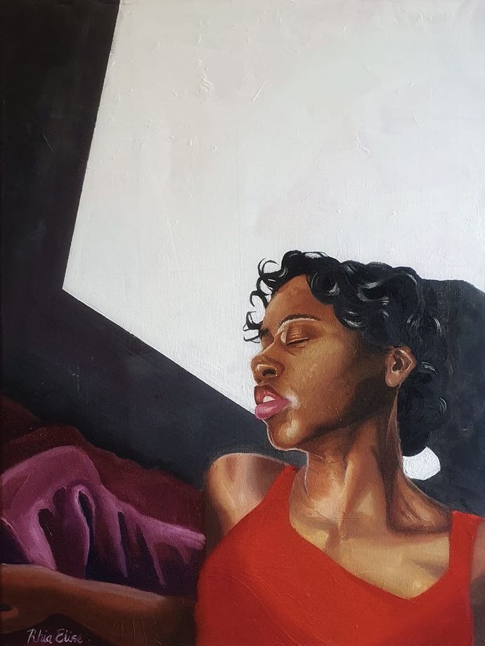 Painting of a person with curled hair and a red top, leaning back with their eyes closed in sunlight.