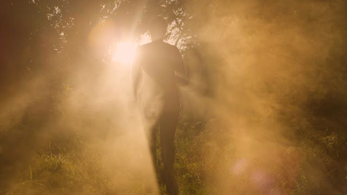 A dark figure walking in the forest covered by smoke