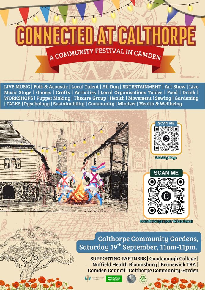 Poster for "Connected at Calthorpe," a Camden community festival on September 19th, featuring music, art, workshops, and talks at Calthorpe Community Gardens.